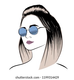 Woman portrait in round sunglasses and hairstyle. Fashion sketch. Vector illustration. Eps 10.
