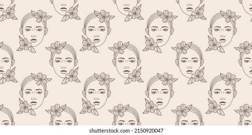 Woman portrait, seamless repeat pattern, vector background