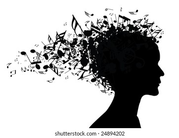 Woman portrait silhouette with notes as hair