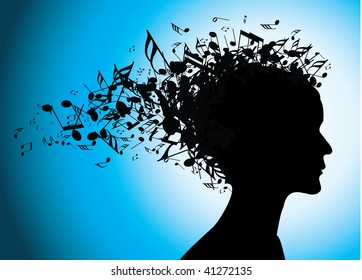 Woman portrait silhouette with notes as hair