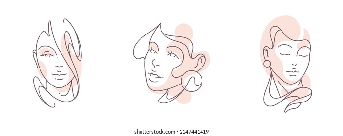 Woman portrait simplicity continuous line pastel spot color icon set vector illustration. Beautiful elegant pretty lady face decorated by design elements isolated. Minimalist abstract female avatar