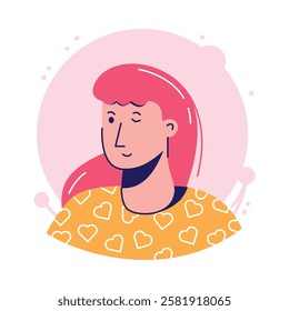 Woman portrait, a stylized design with vibrant hair and a subtle wink