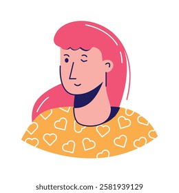 Woman portrait, a stylized design with vibrant hair and a subtle wink