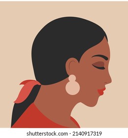 woman portrait in trendy minimal style. Female face profile. Brunette girl vector illustration, avatar for social media