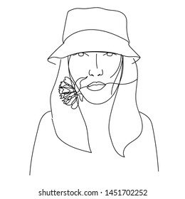 Woman portrait. Vector black and white contour, outline illustration. Print design. - Vector