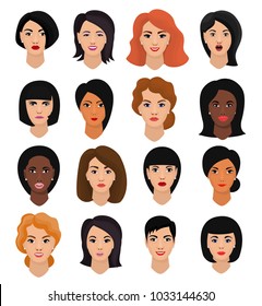 Woman Portrait Vector Female Character Face Of Girl With Hairstyle And Cartoon Person With Various Skin Tone Illustration Set Of Beautiful Facial Features Isolated On White Background