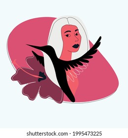 woman portrait vector. flat image of a woman with a hummingbird and a flower.