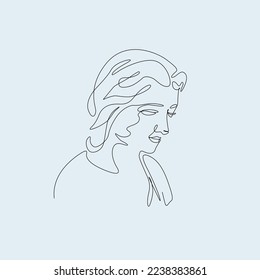 Woman portrait vector line art illustration. One Line style drawing. One line art character, simple hand drawn asian elements. Blue color palette