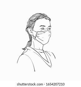 Woman portrait wearing medical face mask, Hand drawn linear illustration, Vector sketch isolated