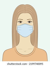 Woman portrait wearing medical face mask. Young lady outline silhouette. Virus coronavirus covid19 protection. Template drawing. Vector illustration.