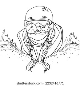 Woman portrait wearing Ski or Snowboard goggles with reflection of mountains and ski slopes and helmet Line art logo,emblem,poster,print template vector illustration.Girl in Glasses for winter sports 