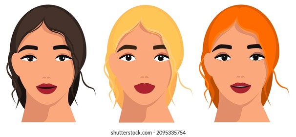 Woman. Portrait of a woman's head with different shades of hair and makeup. Blonde, brown hair, redhead. Can be used for collage design in the field of style, beauty, makeup, face, cosmetology