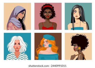 Retrato de mujer, las mujeres se enfrentan a diferentes multiétnicos. Diseño de avatar, retrato de moda, tarjeta abstracta del poder de la muchacha, africano y asiático, carácter étnico de la confianza. Persona de revista de moda. Ilustración de vector