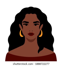 Woman portrait - young Latina woman with tanned skin and long hair. Beautiful female face and shoulders. Girl from Latin America or Brazil. Calm look without emotion. Flat style vector avatar.