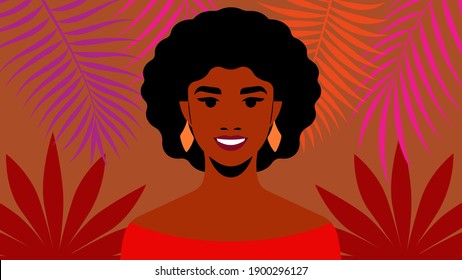 Woman portrait - young smiling  woman with exotic plants. Beautiful female face and shoulders. Girl from Latin America or Brazil. Calm look without emotion. Flat style vector avatar.