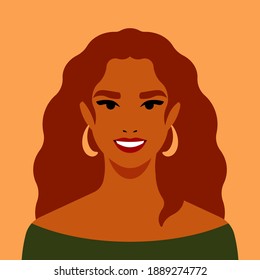 Woman portrait - young smiling  woman with tan skin and long hair. Beautiful female face and shoulders. Girl from Latin America or Brazil. Calm look without emotion. Flat style vector avatar.