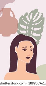 Woman portraite minimal abstract contemporary style. Female face flora leaves shapes vase silhouette background trendy modern art concept. Poster vector template social media stories, print cover