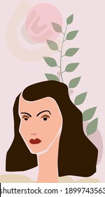 Woman portraite minimal abstract contemporary style. Female face flora leaves shapes silhouette background trendy modern art concept. Poster vector template social media stories, print cover