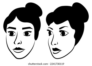 Woman portraits with black hair isolated on white background.