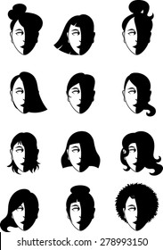 Woman Portraits Profile Silhouettes - Vector Art