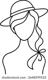 Woman portrayed in a graceful summer hat using continuous line art style suitable for fashion illustrations editorial design home decor and digital artwork