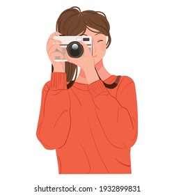 A woman in a pose holding a camera and taking pictures. Photo shooting concept vector hand drawn illustration.