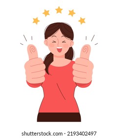 A woman in a pose with two thumbs up. Best, Cheer, Five Star concept vector illustration.