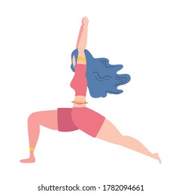 Woman in the pose of a warrior I Virabhadrasana I . Yoga, concept of meditation, health benefits for the body, control of the mind and emotions.