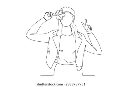 A woman poses with autumn leaves. Autumn one-line drawing