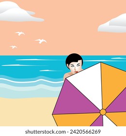 A woman poses behind a colorful umbrella on a beach.