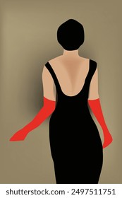 A woman poses in a black backless dress and red high fashion gloves.