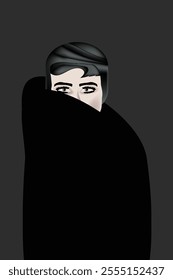 A woman poses in a black overcoat that partly hides her face in an illustration with ample copy space.