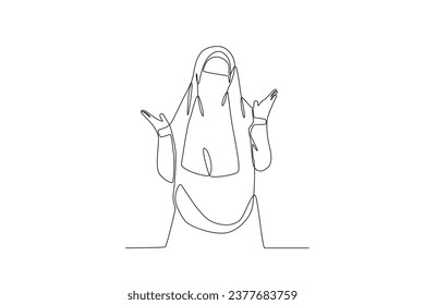 A woman poses happily wearing a niqab. Niqab one-line drawing