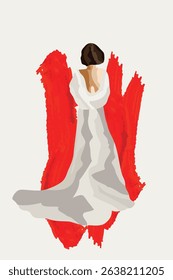 A woman poses in a long white backless gown,