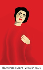 A woman poses in red clothing that blends with the red background of the illustration.