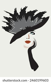 A woman poses in a stylish feathery hat and fashionable black glove.