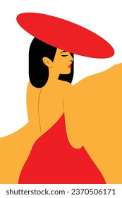 A woman poses in a stylish red hat in a minimalist fashion and beauty illustration.