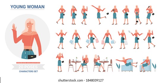 Woman poses vector illustration set. Cartoon female freelancer character with different gestures collection, beautiful woman posing, working with laptop, shopping posture with bags isolated on white