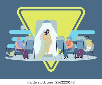 Woman posing for artist. People painting pictures at easels in studio classroom. Vector illustration for art workshop, creativity, artistic school concept