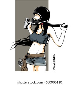 woman posing with a big hammer