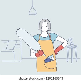A woman is posing with a cleaning tool. hand drawn style vector design illustrations.