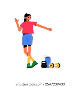 Mujer Posando Con Mancuernas Y Kettlebell En Ilustración vectorial Plana Que Simboliza La Aptitud, La Fuerza Y El Estilo De Vida Activo, Aislado Sobre Fondo Blanco.