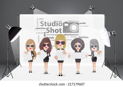 Woman Posing Fashion In Photography Studio With A Light Set Up And White Backdrop, With Creative Word Cloud Idea Concept, Vector Illustration Modern Template Design