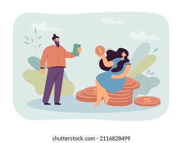 Mujer posando para el hombre mientras se sienta en la pila de monedas de oro. El personaje femenino gana dinero a través de una ilustración vectorial plana. Finanzas, riqueza, concepto de éxito para banner, diseño de sitios web o página web de aterrizaje