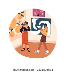 Woman posing near exhibit of exposition in art gallery. Visitor take photo of exhibition by phone. Person does photography of friend with painting in museum. Flat isolated vector illustration on white