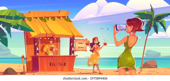 Woman posing on beach for photo shoot with cocktails in hands near tiki hut bar with barman. Young girls in summer dresses photographing on ocean coastline with palm trees, Cartoon vector illustration
