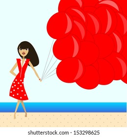 woman posing on the beach with white dots red dress, long hair holding a large group of red balloons, background the sea.