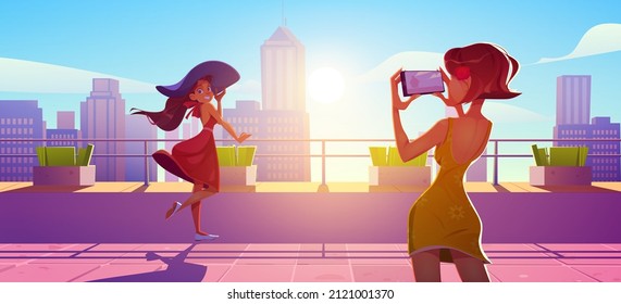 Woman posing on rooftop terrace for photo shoot. Girls in summer dresses stand on house roof photographing each other on mobile at cityscape background with skyscrapers, Cartoon vector illustration