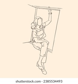 Una mujer posando en el vector de la ventana para tarjeta, decoración, ilustración