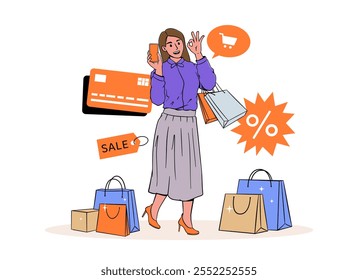 Woman posing with shopping bags and her phone